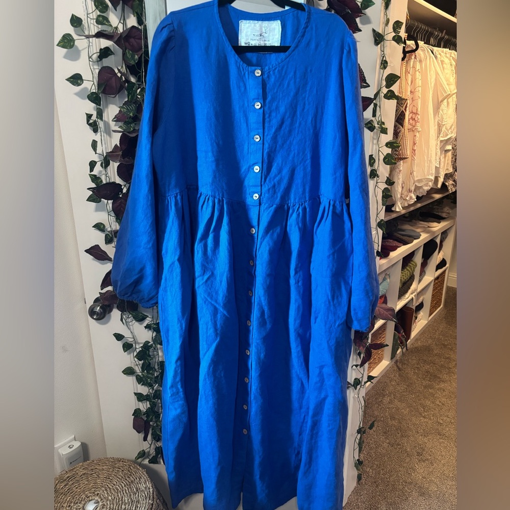 notPERFECTLINEN Cobalt Blue Long Sleeve Button-Front Midi Dress “Skye” style